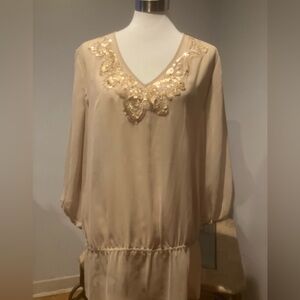 Chico's Women’s Sheer Peplum Top Size Large Beige Sequins Embroidery 3/4 Sleeves
